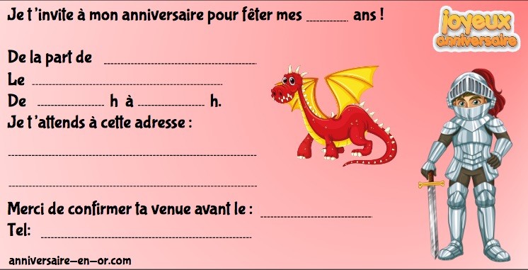 Invitation anniversaire dragons et chevaliers