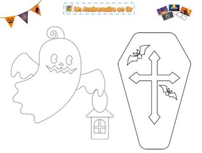 Coloriage Halloween à imprimer: fantôme et cercueil