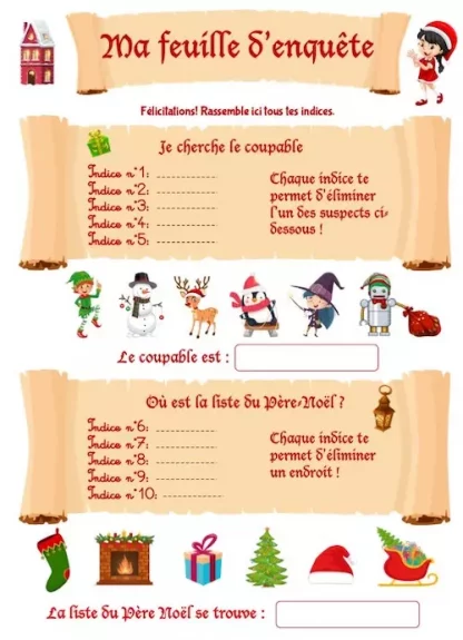 Feuille d'enquête du cahier de jeu de Noël