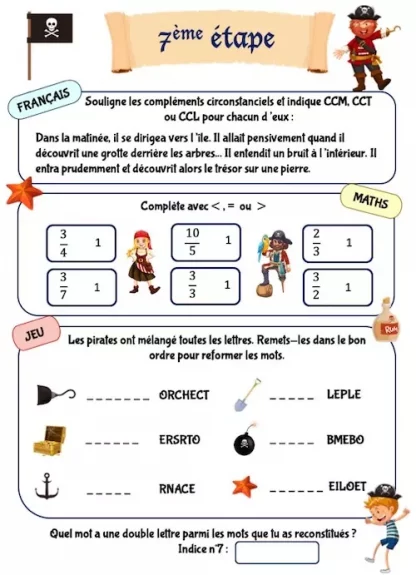 Cahier de jeux de vacances à imprimer thème pirate CM1 CM2