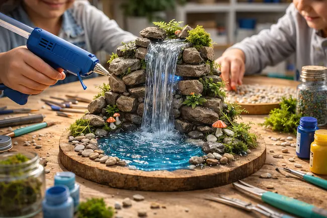 Cascade avec de la colle chaude: activité manuelle enfant