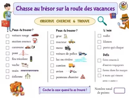 Chasse au trésor gratuite à imprimer sur la route des vacances
