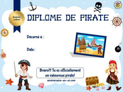 Diplôme enfant pour jeu anniversaire pirate