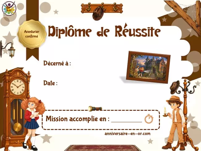 Diplôme de réussite escape game vieux manoir 6 et 7 ans