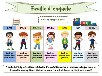 Feuille d'enquête pour grand jeu de détective à la maternelle
