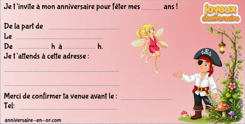 Invitation anniversaire pirates et fées