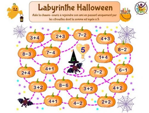Jeu mathématiques Halloween : labyrinthe des additions.