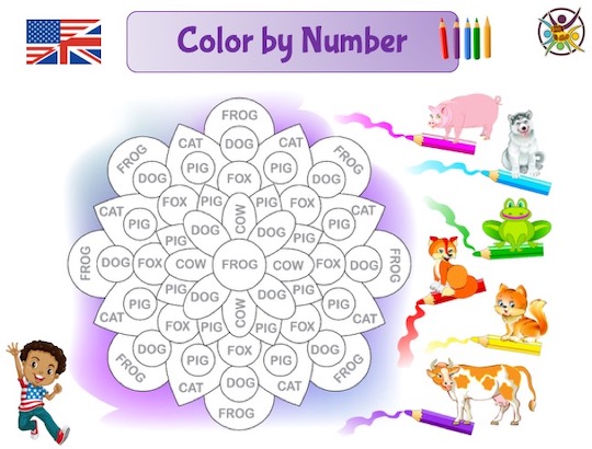 coloriage magique pour apprendre le nom des animaux en anglais