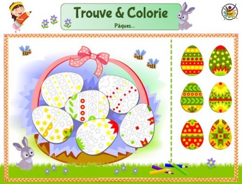 Trouve et colorie selon le modèle les oeufs de Pâques