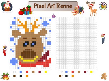 Pixel art Renne de Noël avec grille numérotée