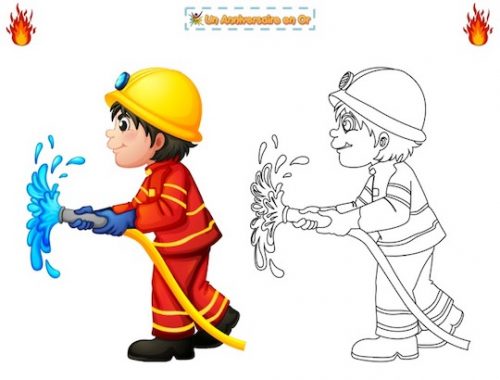 coloriage pompier avec lance à incendie