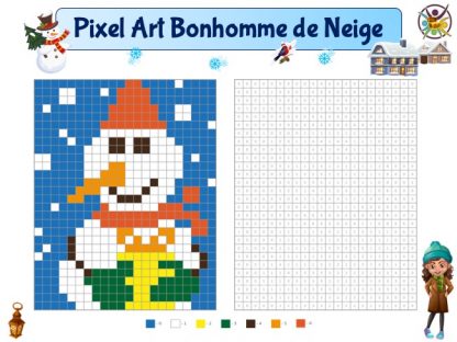 Pixel art Bonhomme de neige avec grille numérotée