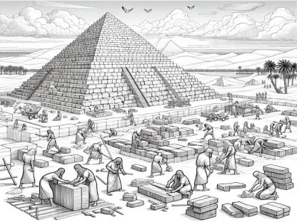 Coloriage thème Égypte : construction d'une pyramide