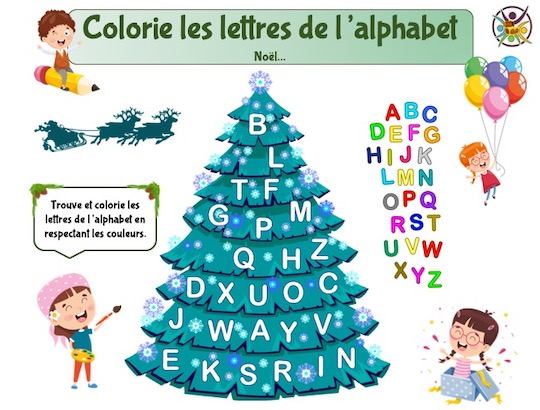 Le Sapin Alphabet: trouve et colorie les lettres de ce sapin en respectant le code couleur.