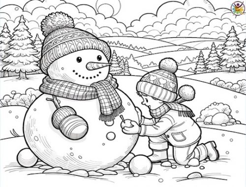Coloriage Enfant et Bonhomme de neige