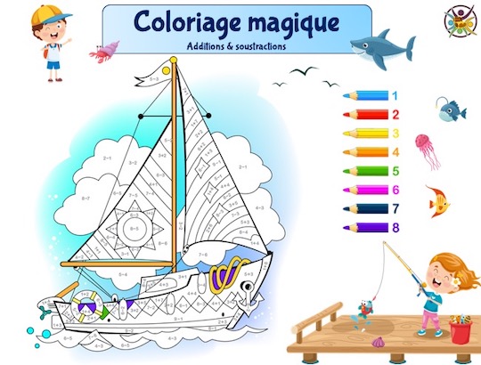 Coloriage magique thème bateau avec additions et soustractions