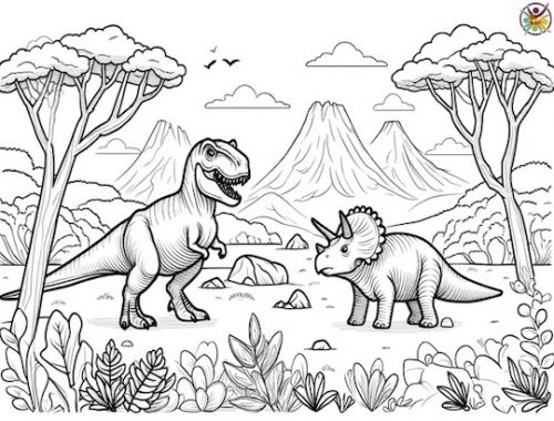 Feuille de coloriage T-Rex contre Tricératops