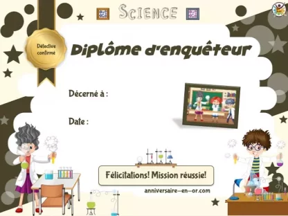 Diplôme enquêteur enfant jeu laboratoire