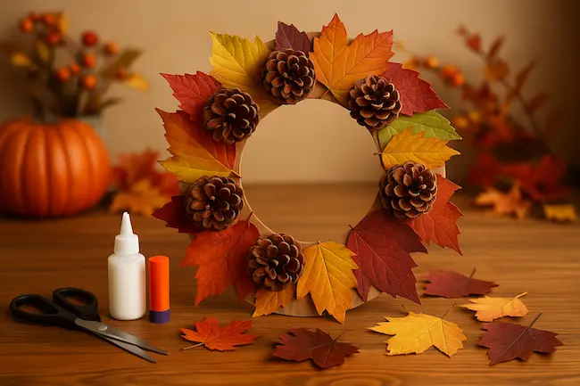 Fabriquer une couronne d’automne avec feuilles et pommes de pin