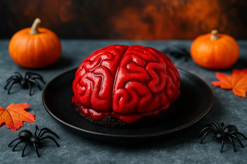 Gâteau cerveau Halloween – Mousse framboise terrifiante et cœur coulant
