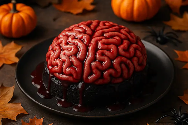 Gâteau cerveau Halloween – Mousse framboise terrifiante et cœur coulant