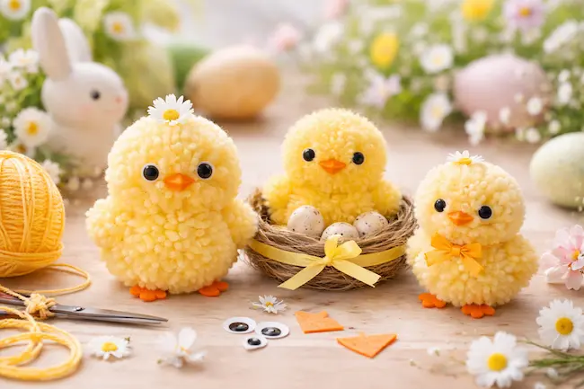 un poussin pompon de Pâques à fabriquer avec les enfants