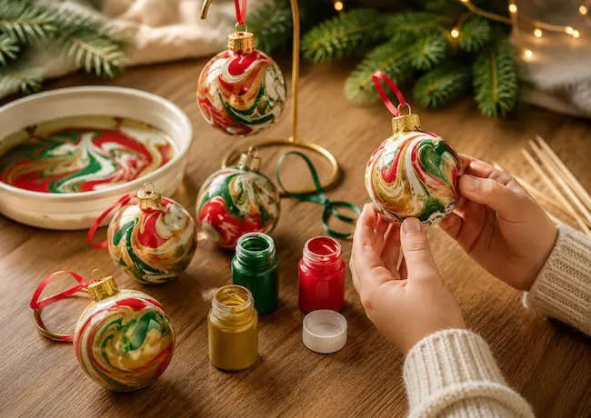 Comment fabriquer des boules de Noël marbrées ?