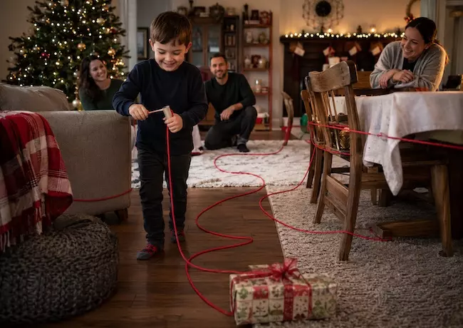 Labyrinthe de fils de Noël pour retrouver un cadeau