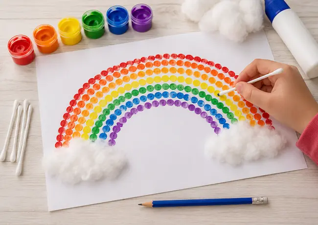 Activité peinture arc-en-ciel au coton-tige pour enfant