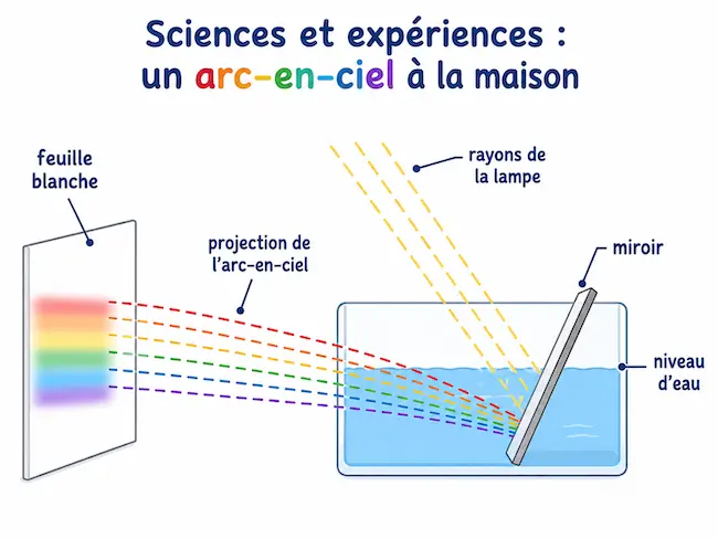 schéma pédagogique de l'expérience de l'arc-en-ciel à la maison