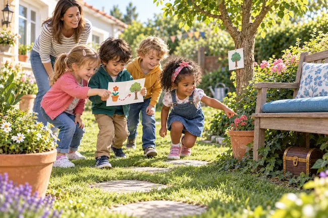Enfants de 4 et 5 ans participant à une chasse au trésor dans un jardin