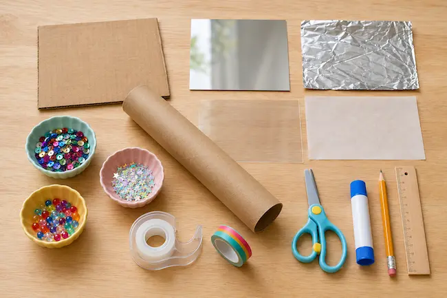 Matériel pour fabriquer un kaléidoscope avec un rouleau en carton