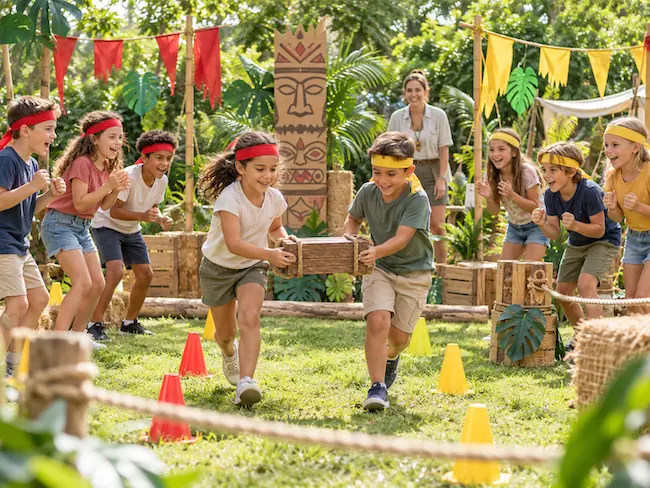 Enfants avec des bandeaux rouges et jaunes participant à un anniversaire Koh-Lanta