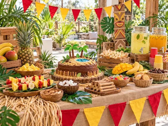 Buffet tropical pour anniversaire Koh-Lanta avec gâteau île déserte et décoration rouge et jaune