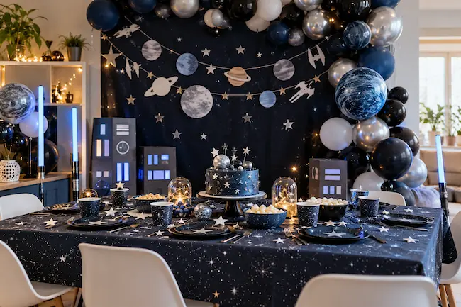 Décoration d’anniversaire Star Wars avec ballons, planètes et sabres laser